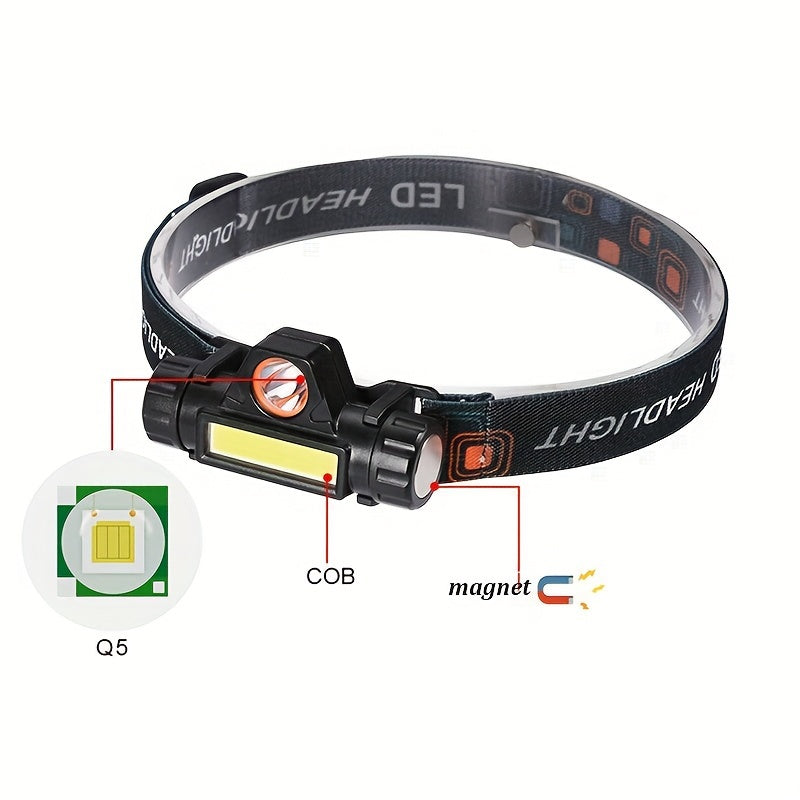 Multi-functional LED headlight with USB charging and COB light source, suitable for outdoor activities like fishing and emergency lighting.