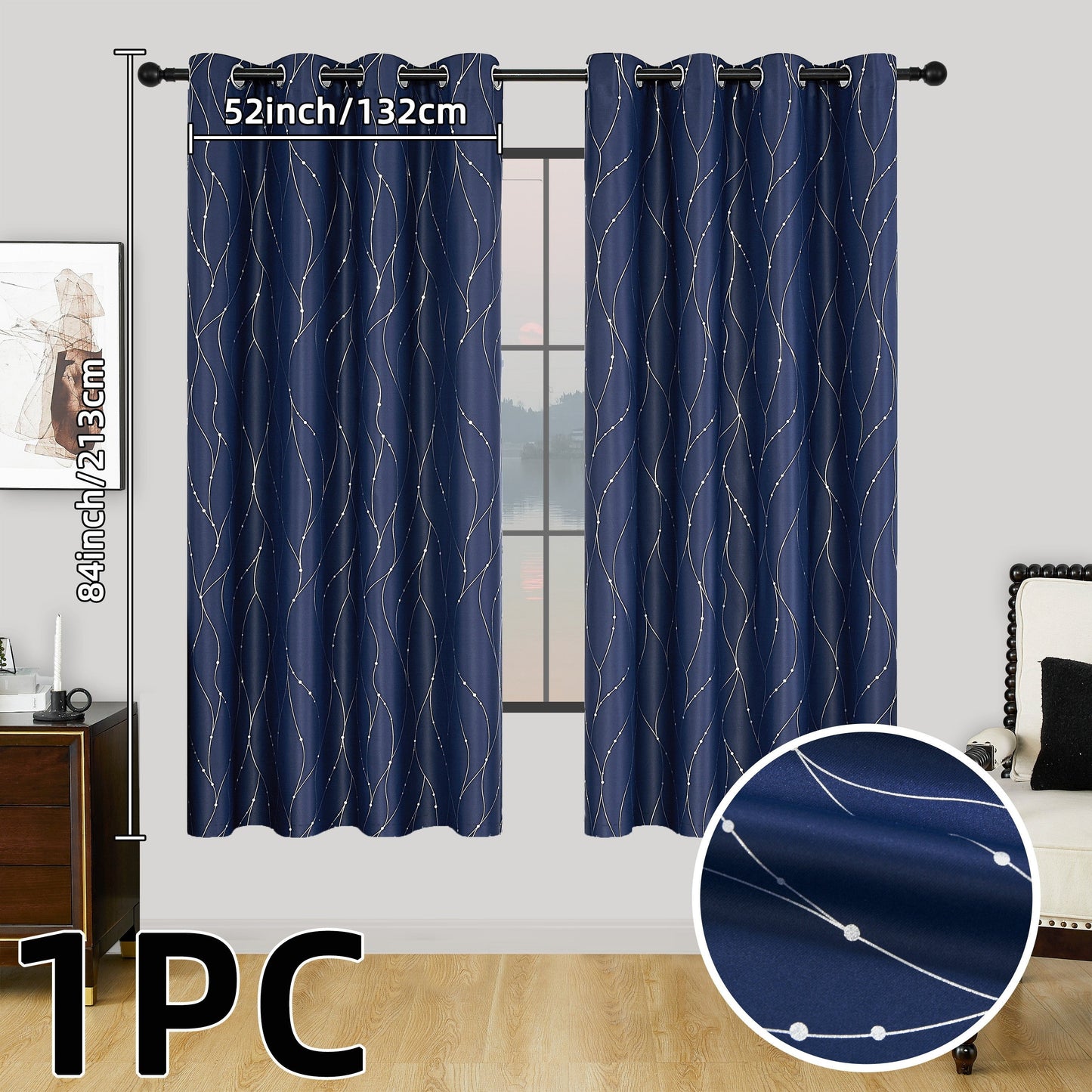 1 piece of geometric pattern curtain with heat insulating properties, featuring an oil print design for blackout purposes. This curtain has grommet top details and is suitable for home decor in the bedroom, living room, office, and study room.