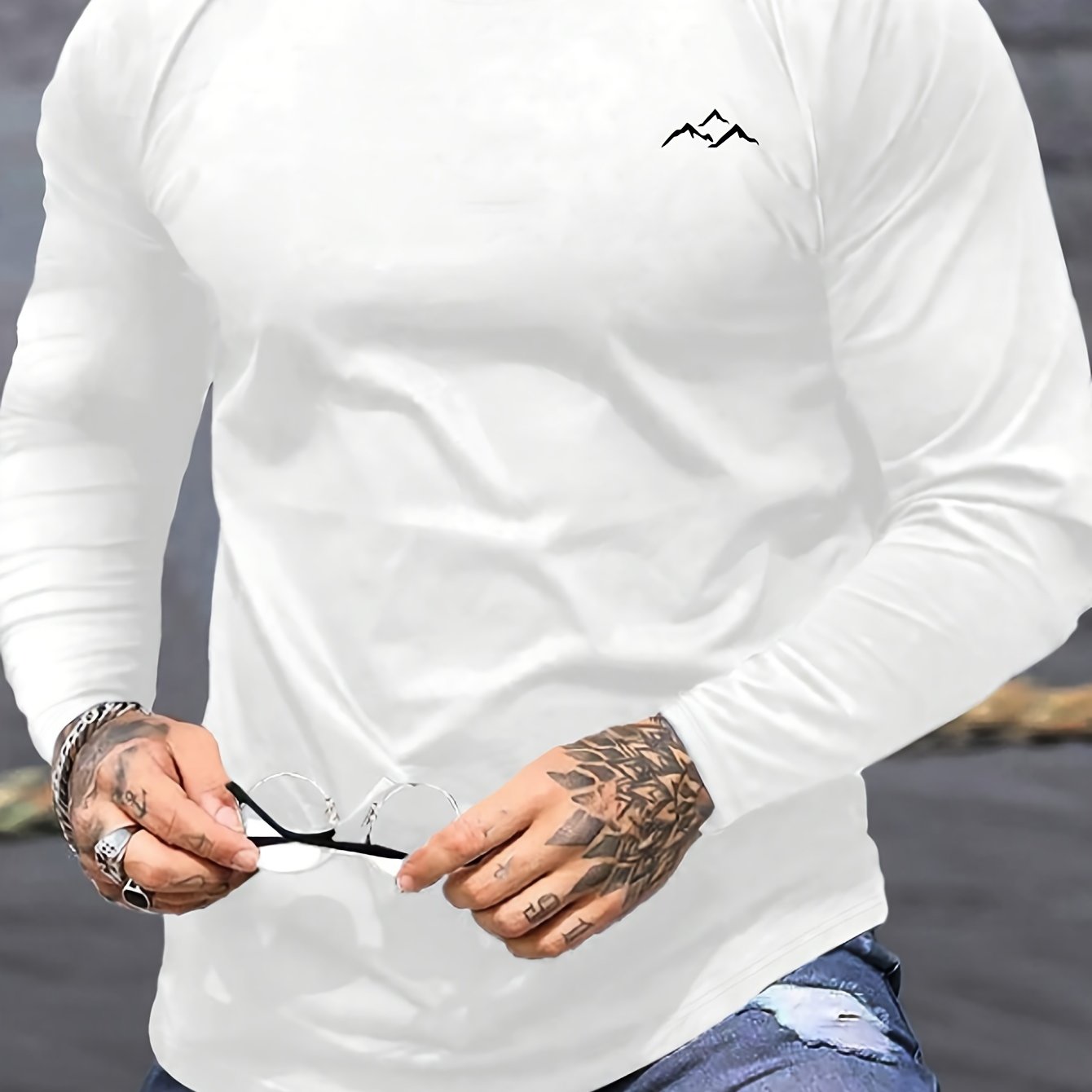 Men's plus size long sleeve crew neck t-shirt with mountain print, casual and breathable.