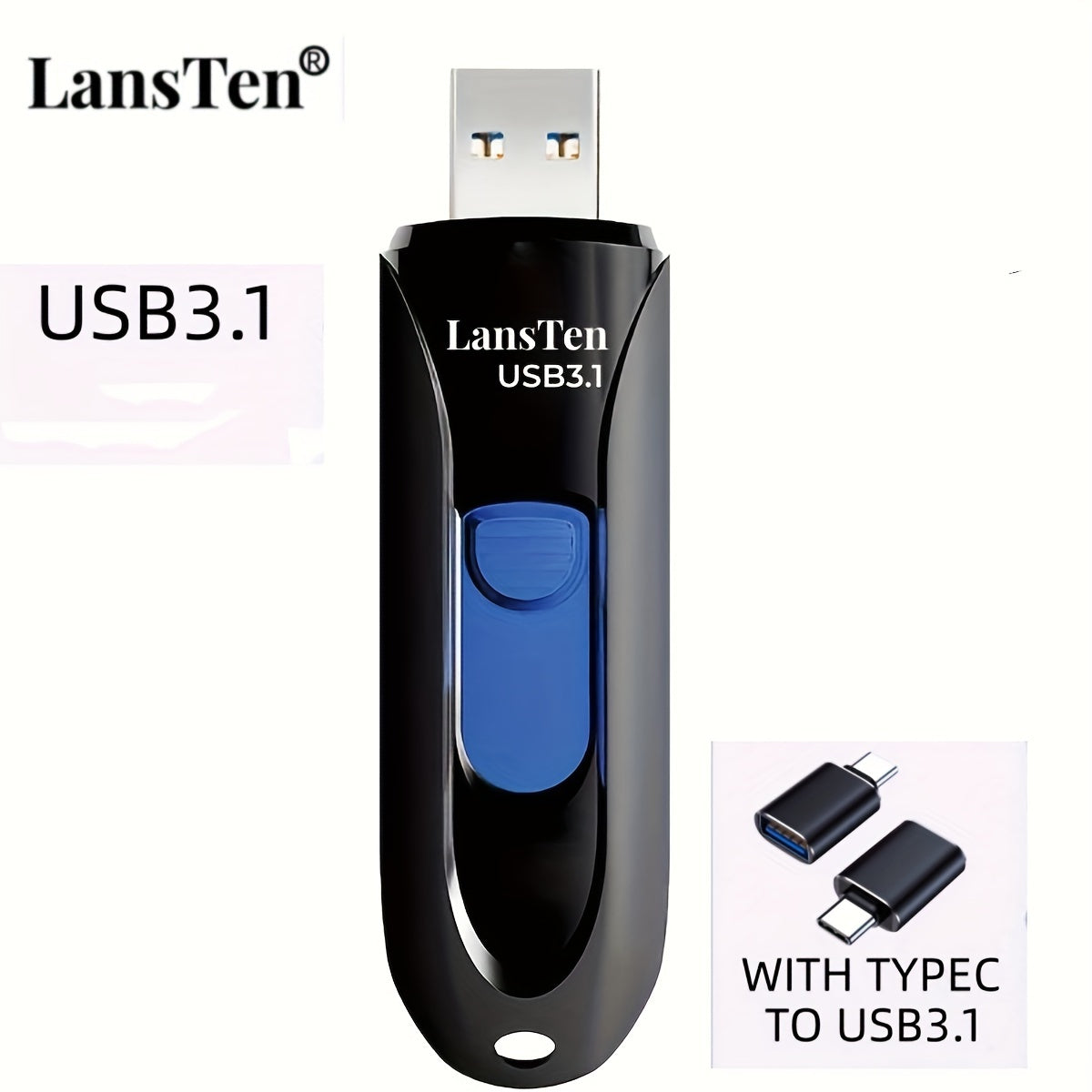 LansTen High-Speed USB 3.1 Flash Drive with Type-C to USB 3.1 Adapter, Available in various capacities, Durable Zip Drive for Computer Storage