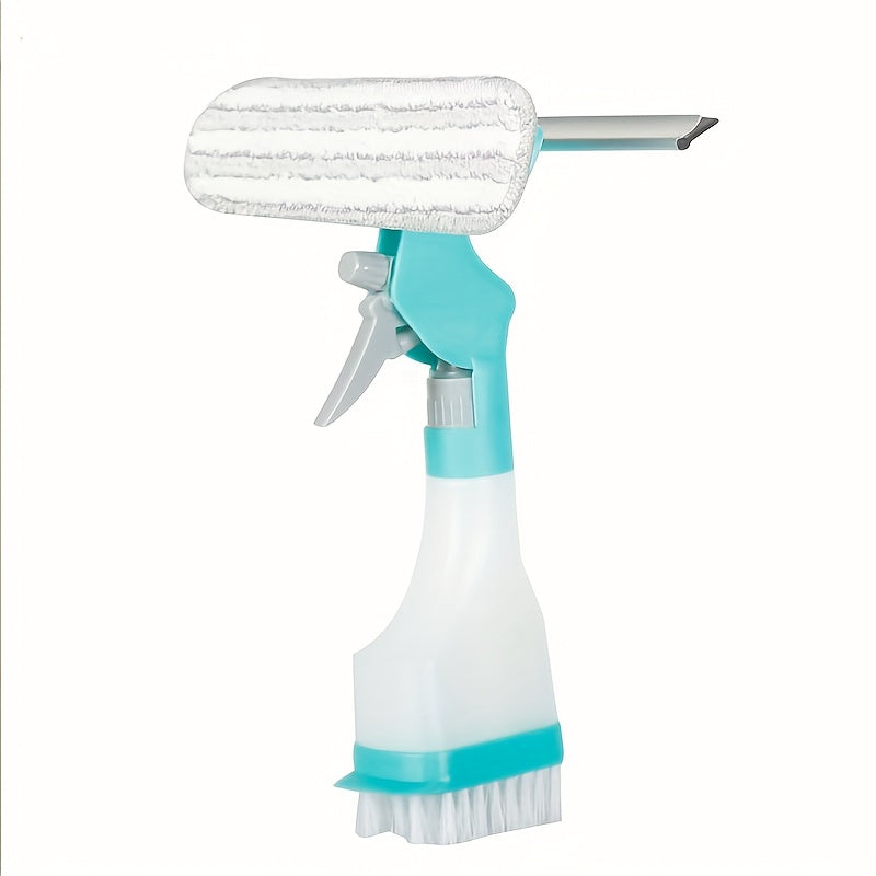 Glass wiper with spray bottle, includes 4 functions in one. Multifunctional window wiping brush with scraper and scrub brush. Creative cleaning tool for floors, walls, tiles, and windows. Perfect for back to school supplies and cleaning needs.