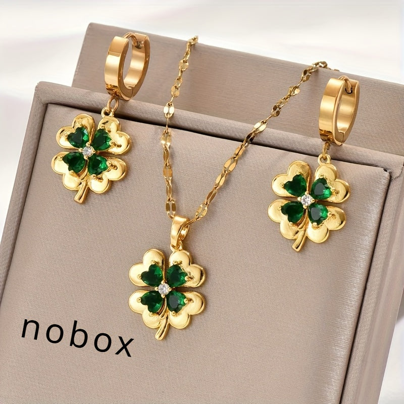 Set of 3 Gold-Tone Stainless Steel Clover Pendant Necklaces with Earrings, featuring Cubic Zirconia & Emerald stones. Perfect for Bohemian & Minimalist styles. 18K Golden Plated with Synthetic Zirconia. Unisex design suitable for all seasons. Ideal for