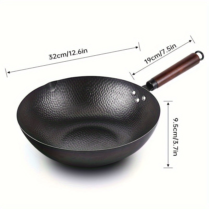 Set of 12 Chinese Hammered Iron Woks with a 32cm Wooden Lid, Kitchen Cookware made of Cast Iron, Safe Utensils for Cooking at Home