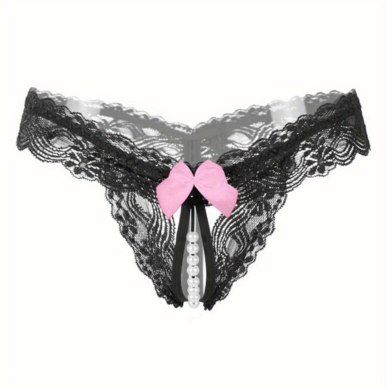 Women's sexy lingerie featuring floral lace bow thongs, open crotch faux pearl panties.