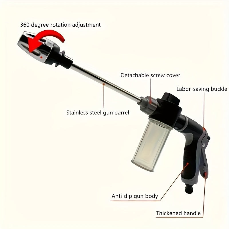 A high-pressure car wash gun with multifunctional garden hose nozzle, adjustable thickened rod sprayer with copper-plated tip, and universal 3/4" and 1/2" quick connect adapters for