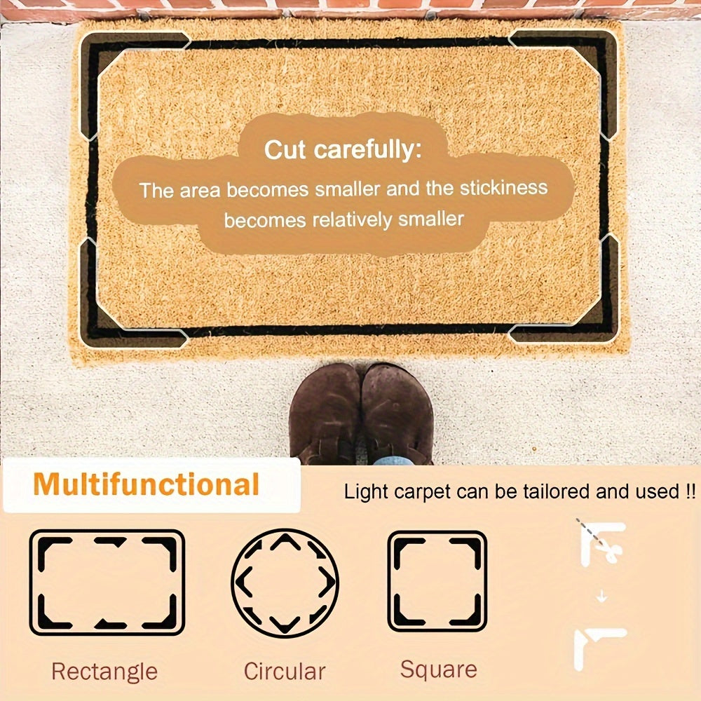 Pack of 4/8 PET carpet corner stickers, with non-slip reusable double-sided tape for washable anti-rolled edges. Perfect for indoor, office, and auto use. Can be cut to fit and used as floor mat fixing clips.