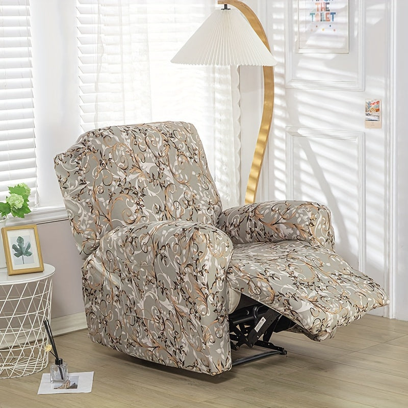 Boho recliner chair cover with pocket, non-slip, machine washable, blue color, made of polyester and spandex.