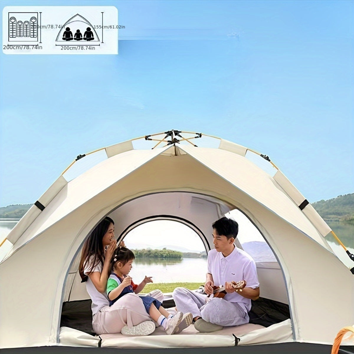 4-person pop-up tent with fiberglass poles, square Oxford cloth, 3-second setup, waterproof zipper closure, ideal for hiking, travel, and beach.