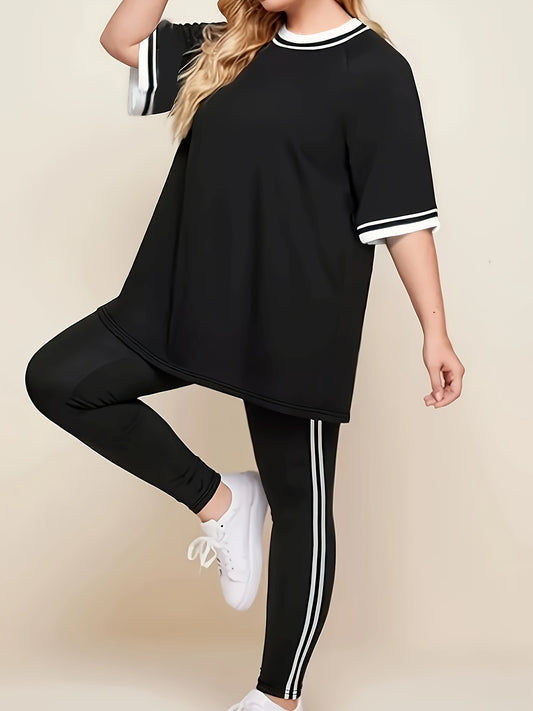 Plus Size Casual Sports Loungewear Set- Striped Print, Soft Polyester & Elastane Blend, Short Sleeve Top with Ruffle Detail, Comfortable Knit Fabric, All-Season Wear for Women, Plus Size.