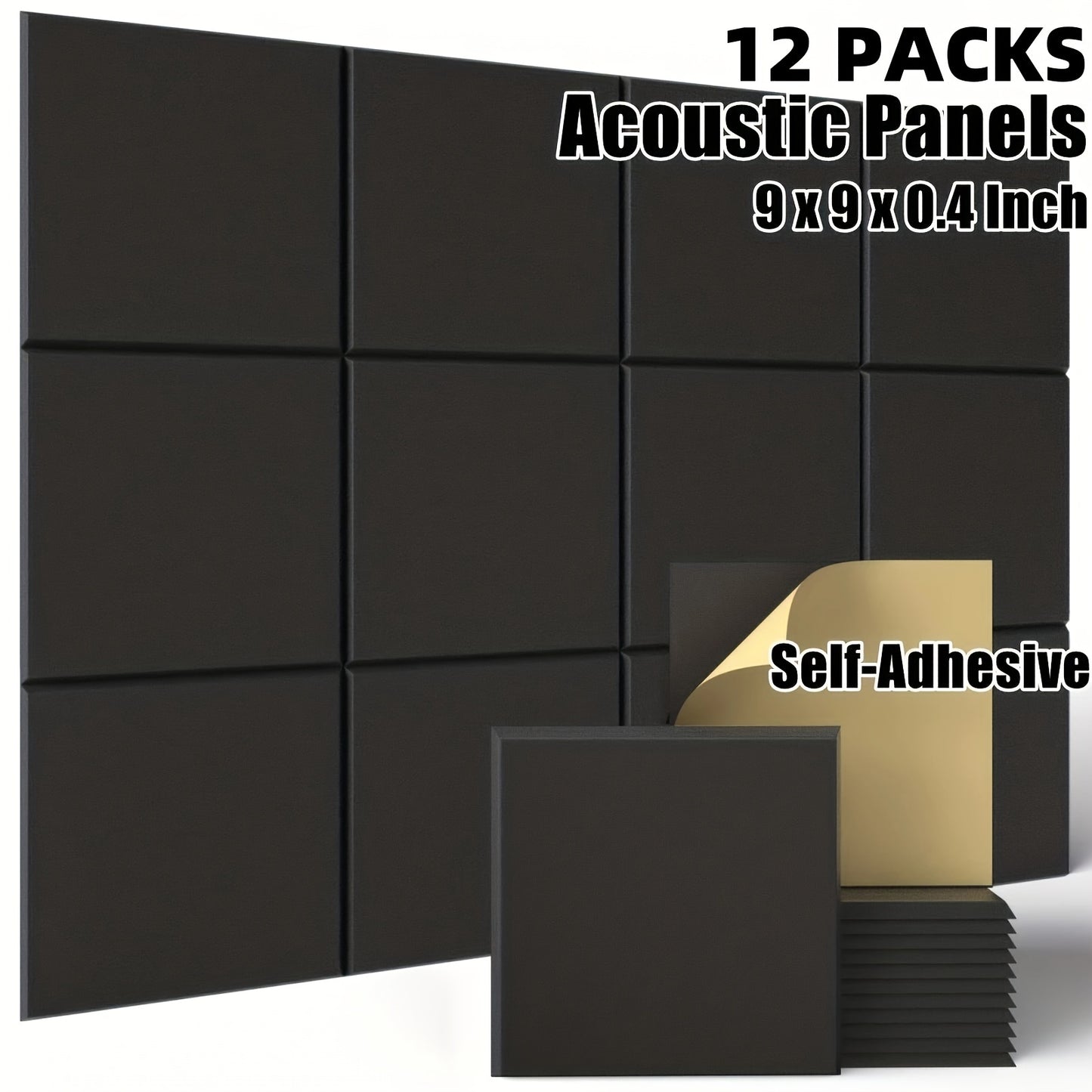 12pcs BRAVOSPACE Self-Adhesive Square Acoustic Panels, 22.86cm x 22.86cm x 1.02cm - Foam Tiles for Noise Reduction in Home or Office Studio