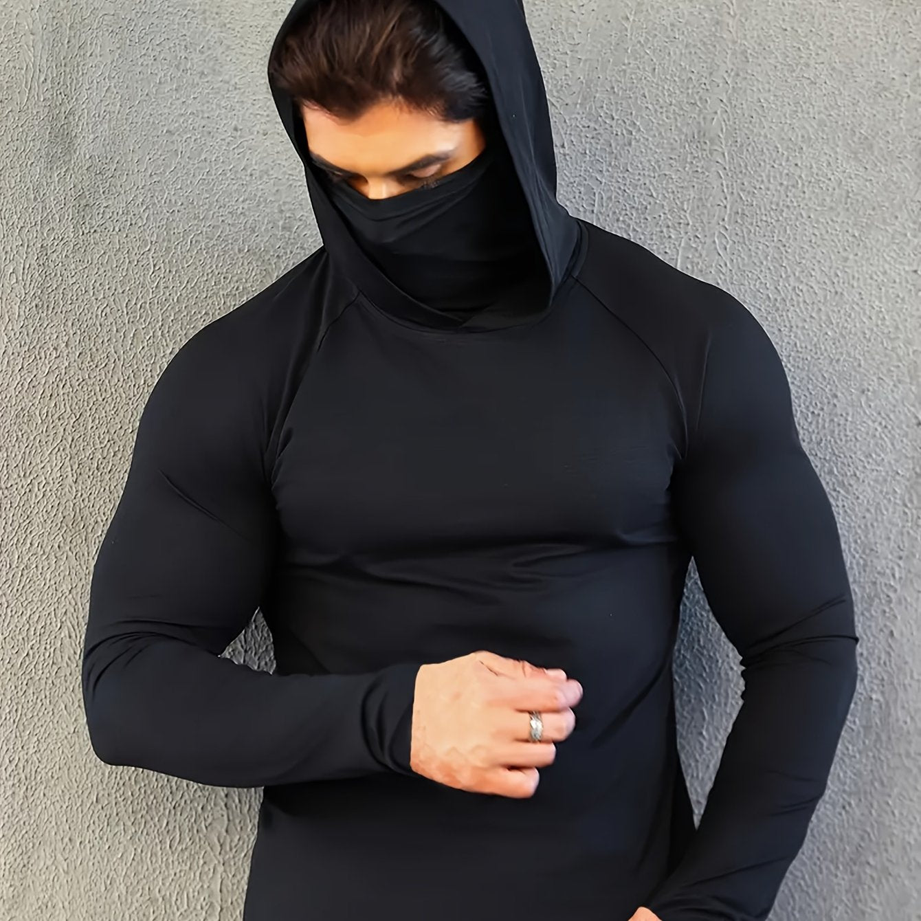 Men's hoodie with mask, quick-drying and breathable long-sleeve t-shirt, spring and autumn compression sports top enhances workout performance, a gift.