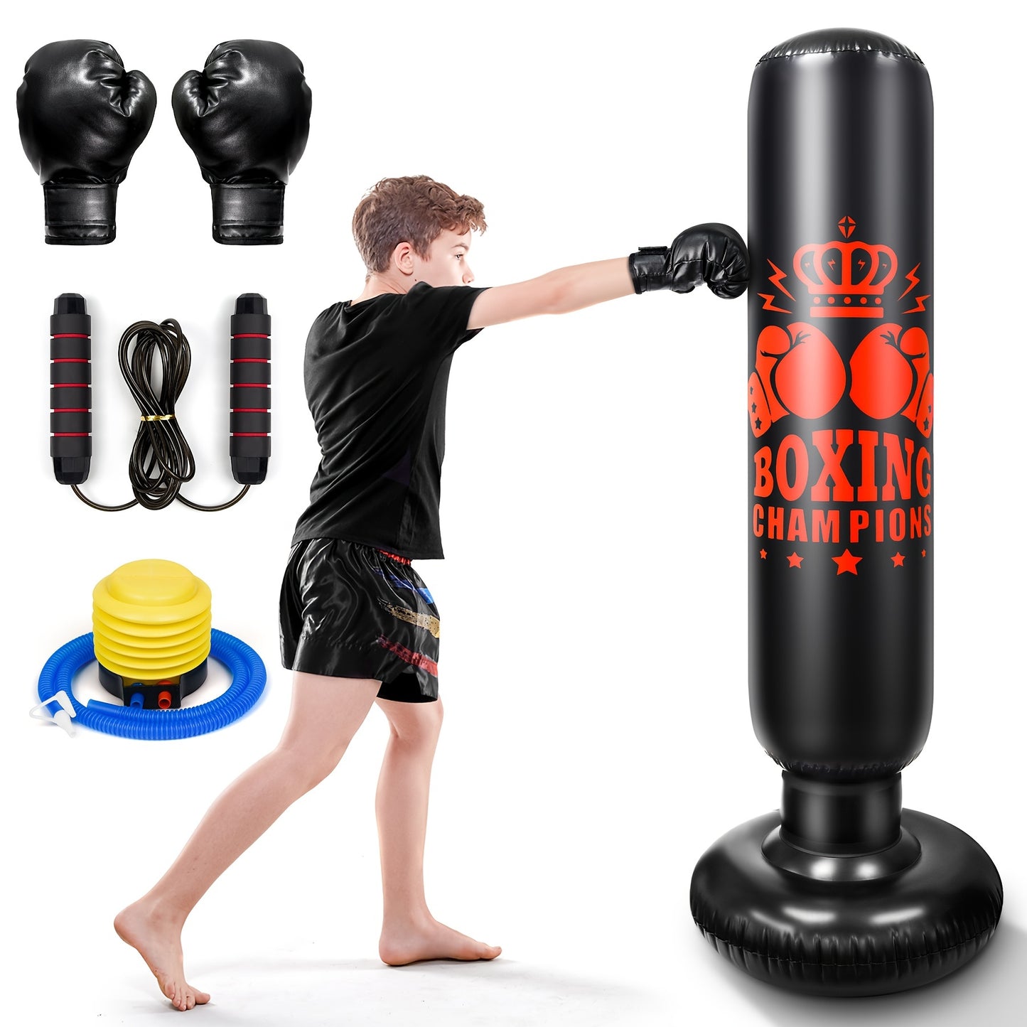 Inflatable punching bag set includes boxing gloves and skipping rope, suitable for karate and kickboxing.