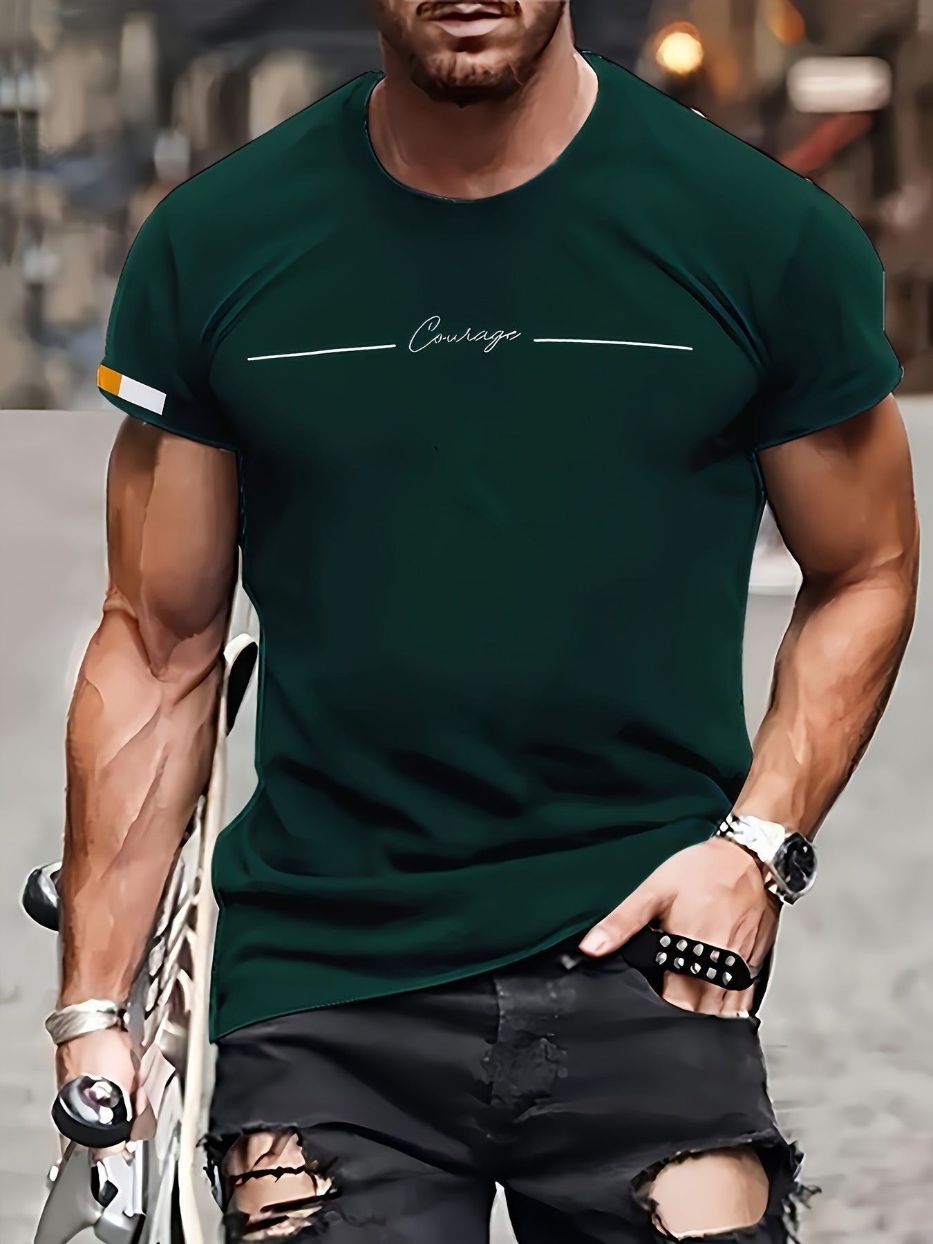 Men's Casual Crew Neck T-Shirt with 3D Digital Letter Print - Green, Breathable Polyester, Summer Short Sleeve Tee for Sports & Streetwear.