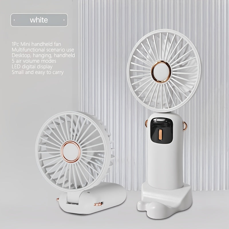 Compact Mini Fan with Digital Display, USB Charging, 5 Speed Settings, Portable and Foldable - Ideal for Travel, Commuting, Makeup, and Office.