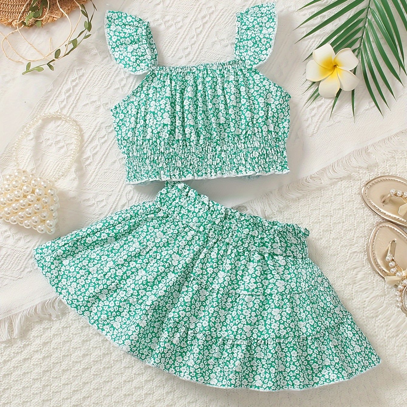 Floral Girls 2PCS, Crop Top + Skirt Set for Summer Outdoor Vacation