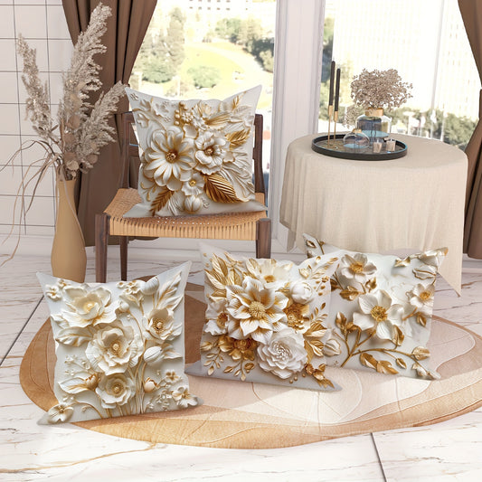 4 velvet throw pillow covers with 3D floral design in white gilt, measuring 45.72*45.72 cm, perfect for summer and autumn living room or bedroom sofa bed decoration.