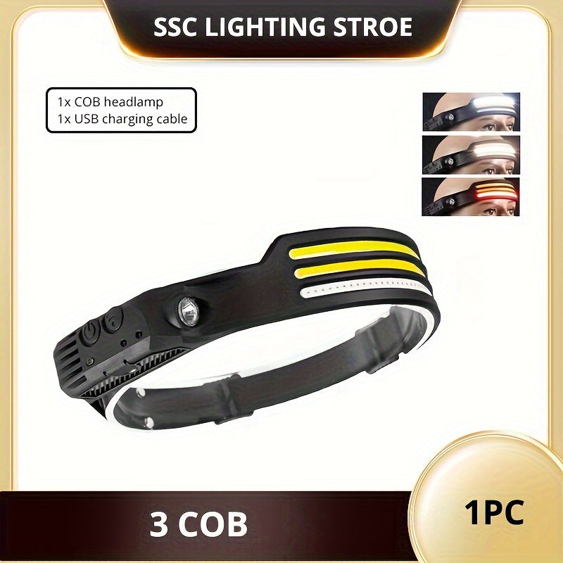 USB rechargeable LED headlamp with motion sensor, ideal for outdoor activities like camping, hiking, running, and fishing.