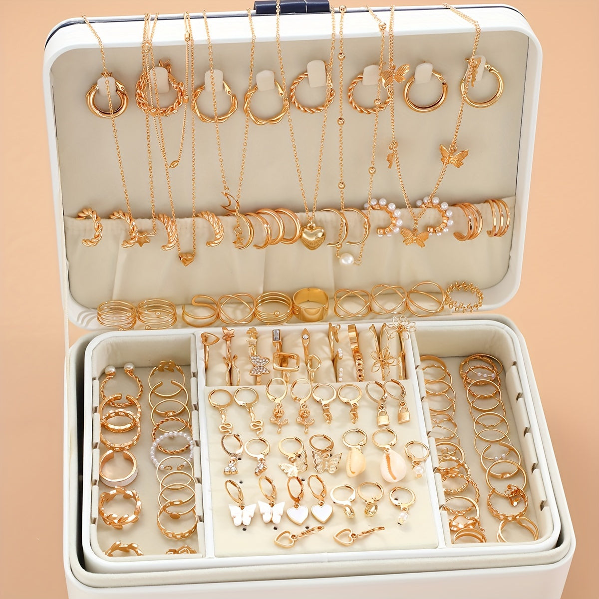 Chic Jewelry Set for Women - 120 pieces including Earrings, Rings & Necklaces featuring Heart, Butterfly, and Geometric Designs. Ideal for Daily Wear, Dates, Vacations, Parties, and Anniversaries. Box not included.