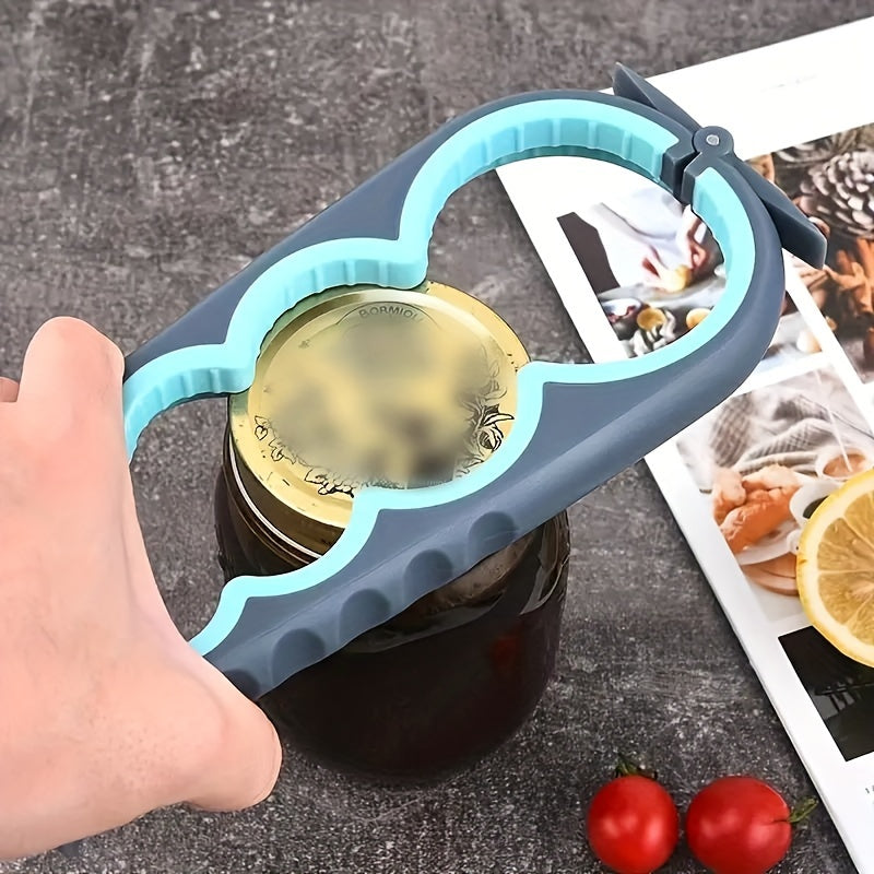 Versatile ergonomic can opener with anti-slip grip for home kitchen use. Also functions as a manual jar and bottle cap opener.