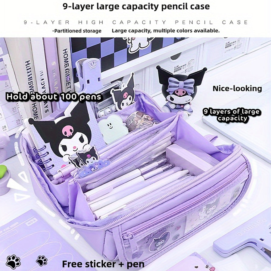 1 piece SANRIO 9-Layer Large-Capacity Multi-Functional Pen Case made of Oxford Cloth featuring Kulomi & Melody Cute Cartoon Style, ideal for organizing student stationery. Waterproof and