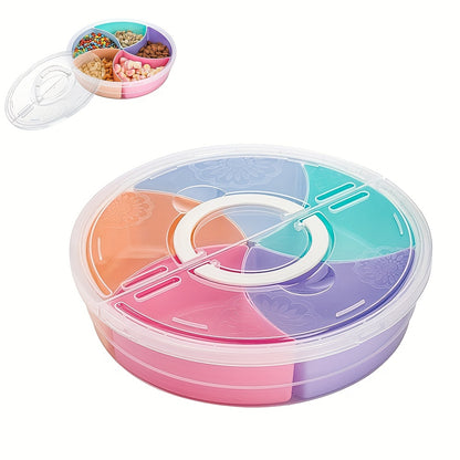 Fruit snack serving tray with lid, 30.99 cm container, 5-compartment round platter for parties.