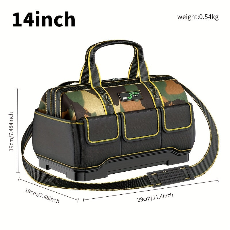 14-inch camouflage tool bag made of durable Oxford material with reflective stripes, waterproof and wear-resistant, featuring multiple pockets for electrical storage and a large capacity