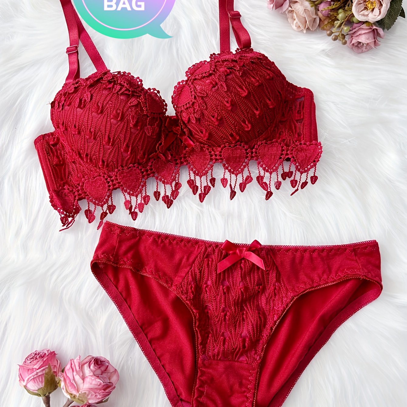 Red heart embroidery lingerie set for women with push-up bra, removable pads, low-rise briefs, nylon blend, sexy design