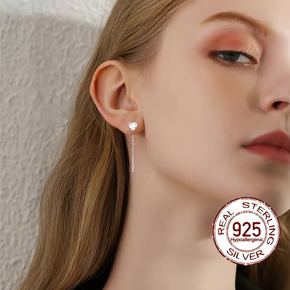 925 Sterling Silver Hypoallergenic Cube Earrings with Shiny Zirconia Decor, Chain Design Dangle, Elegant and Simple Style, Perfect Female Gift