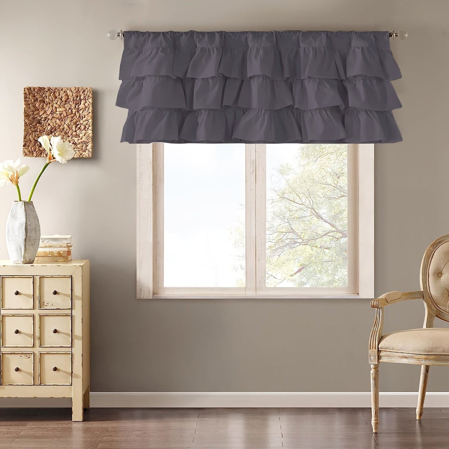 White ruffle print small curtain tiers, made with soft fabric featuring tiered ruffles. Perfect as a cafe curtain valance, these decorative short window drapes are ideal for parties, gifting, and adding charm to any room in your home – be it the kitchen