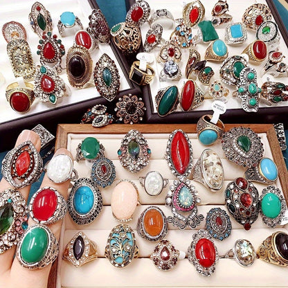 Set of 10 Vintage Exaggerated Synthetic Turquoise Alloy Rings in Luxury Ethnic Style. Each pair features heart-shaped design with synthetic stone and alloy material. No power required. Perfect for parties, weddings, Valentine's Day, and everyday wear.