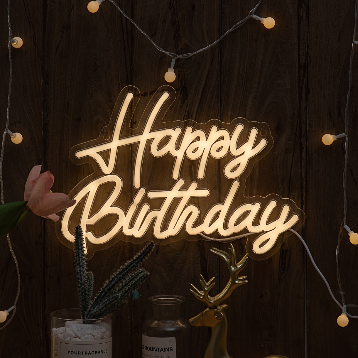 Happy Birthday Neon Sign; USB-powered plastic wall light with switch control, perfect for birthday party decor.