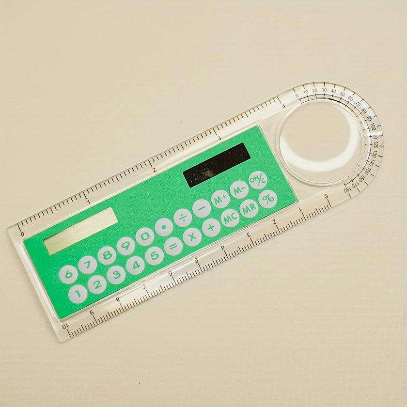 Mini Ultra-Thin Solar Calculator Ruler with Magnifying Glass - 10cm School/Office Supplies