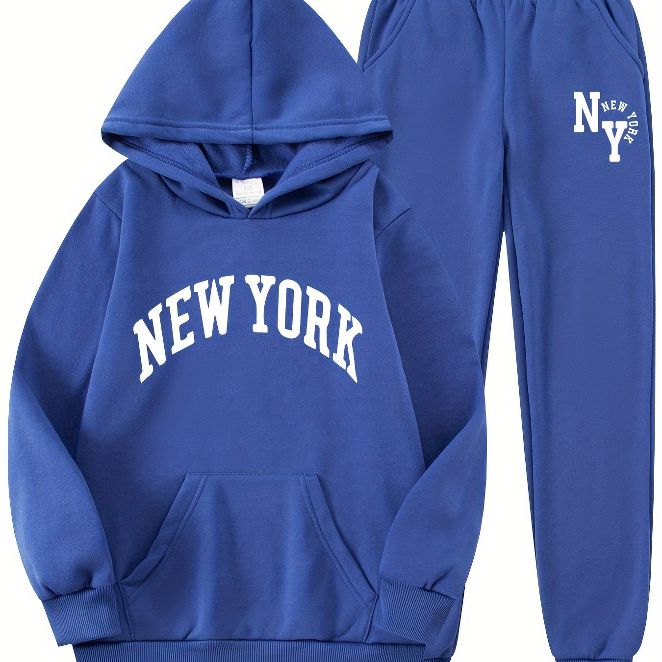 New York letter print hoodie and sweatpants set for kids. Made of casual polyester knit fabric with pockets. Slight stretch and regular fit for boys, girls, teens, and children. Ideal for