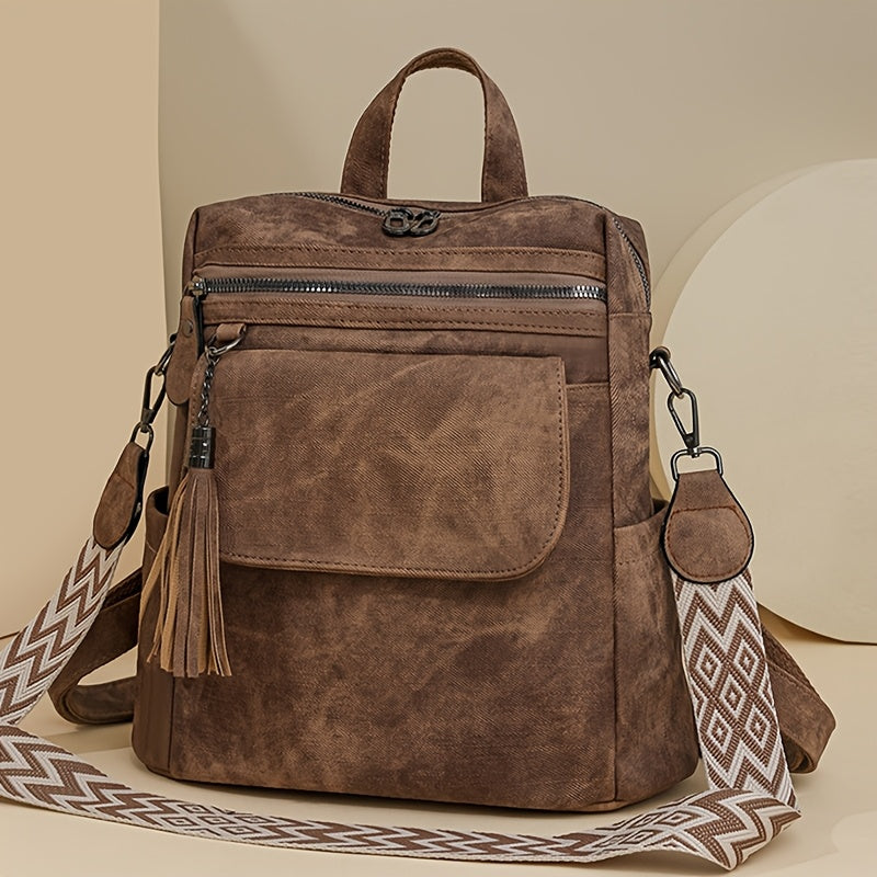 Retro brown women's fashion backpack with large capacity and versatile design, including multiple zippers. Can also be used as a crossbody or shoulder bag.