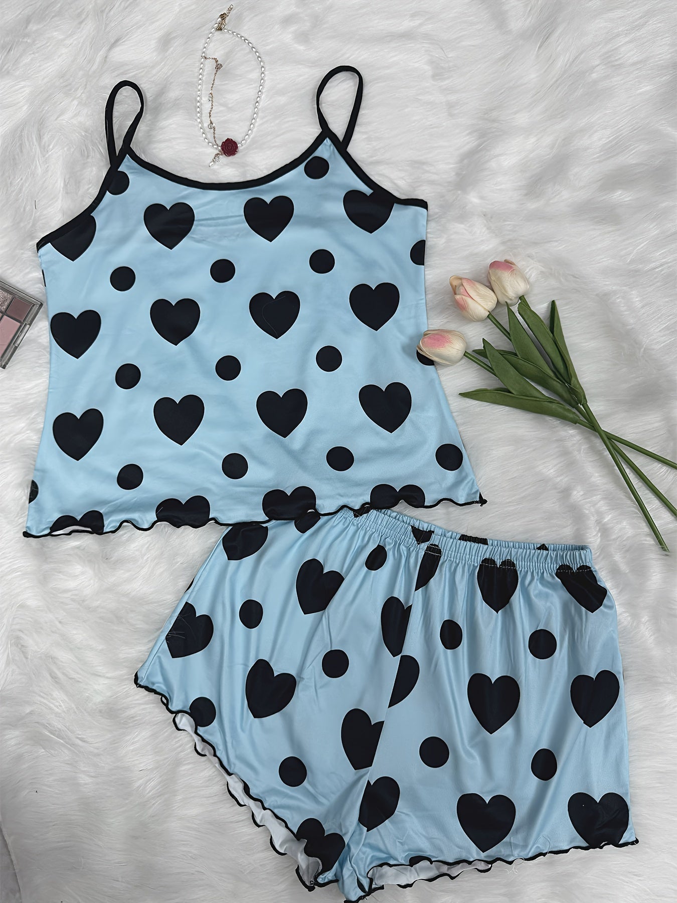 Casual heart and polka dot print pajama set, including crew neck backless cami top and elastic shorts, for women's sleepwear and loungewear.