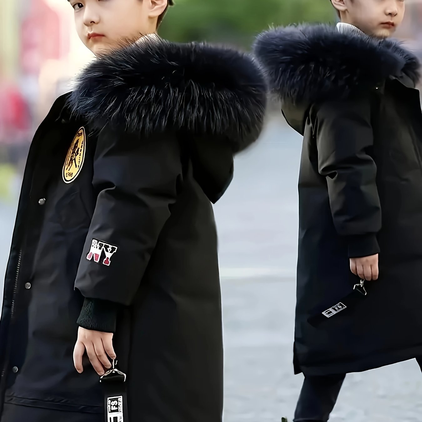 Medium-long boys' winter jacket with fur collar and hood for extra warmth and windproofing.