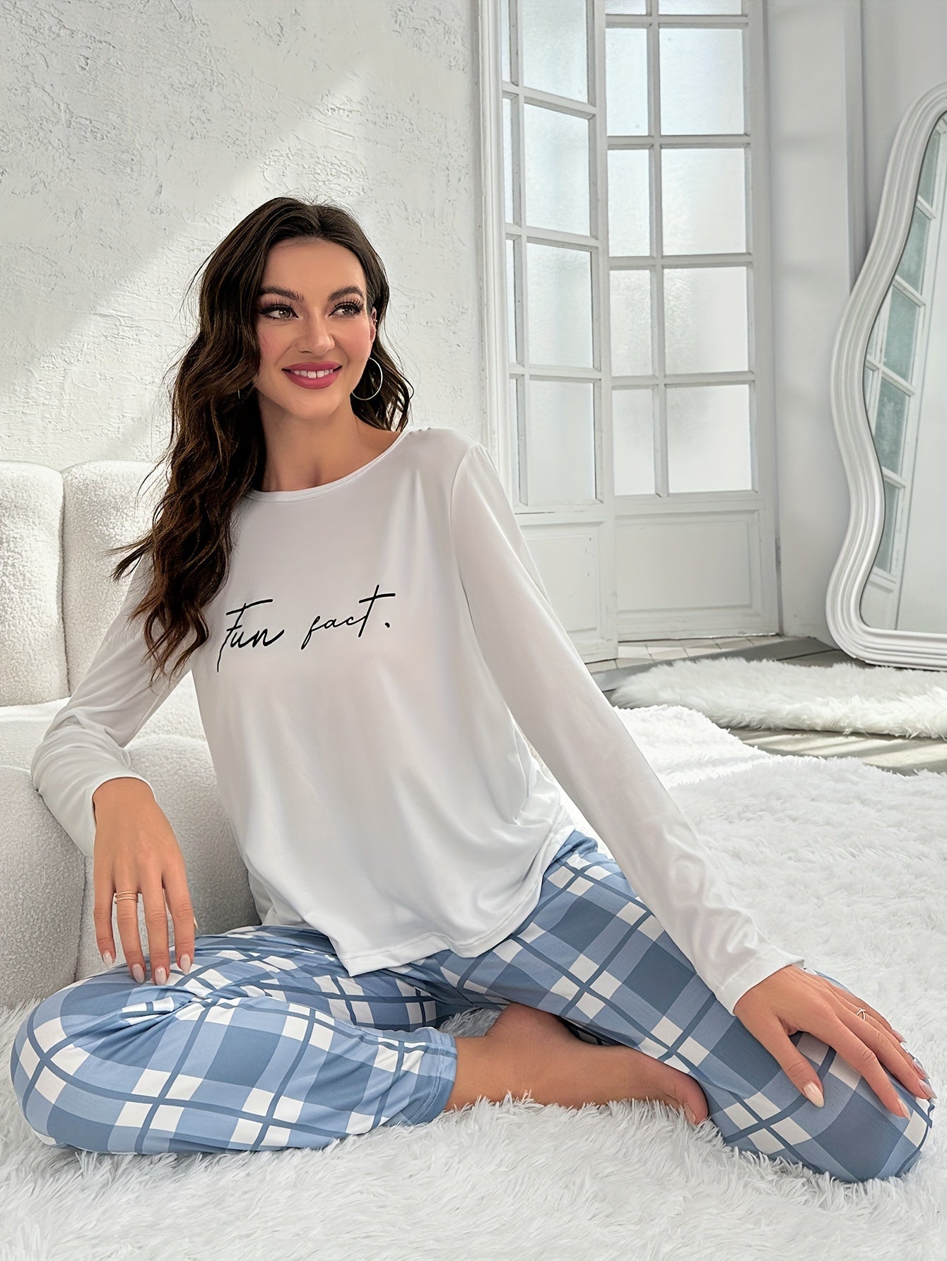 Women's Letter Print Pajama Set with Long Sleeve Top & Plaid Pants