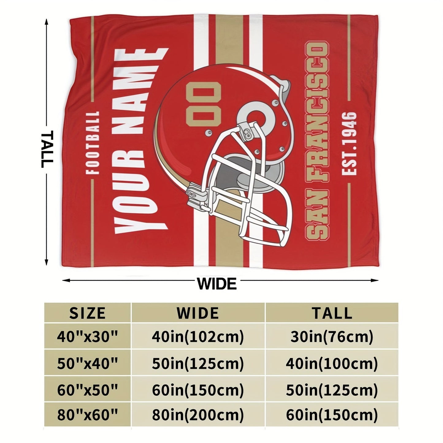 Personalized San Francisco Football Blanket - Customizable Name Throw for Bed or Sofa, Soft and Cozy Flannel Travel Blanket, Rectangular Polyester Woven Design, No Electricity Required, Perfect Home and Kitchen Decor for Football Fans of All Ages.