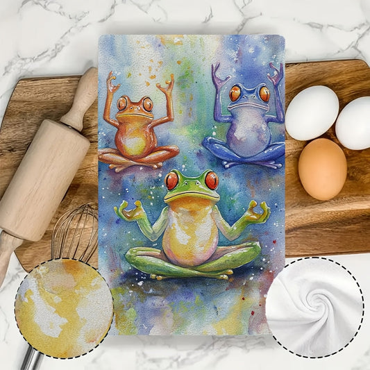 Two adorable whimsical yoga frogs kitchen towels made from ultra soft, highly absorbent polyester. These dish cloths are machine washable and measure 40.64x60.96 cm. Perfect for adding a touch of holiday decor or using them for everyday tasks.