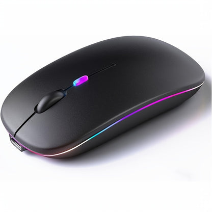 Slim wireless mouse with 2.4G+BT technology, USB receiver, and anti-slip scroll wheel, suitable for laptops and computers.