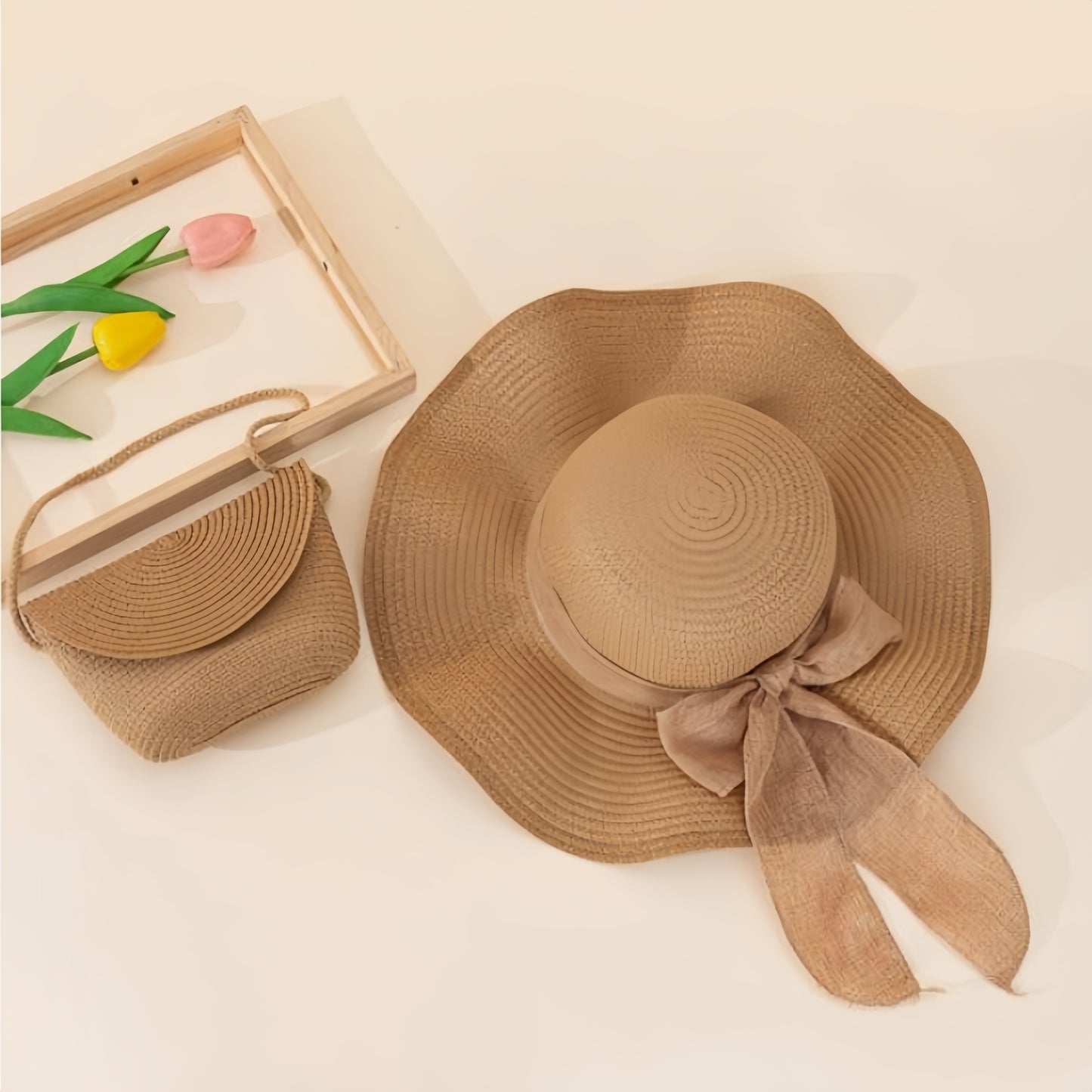 2-piece set: Women's Wave Khaki beach sun hat and woven shoulder bag, ideal for spring/summer beach trips.