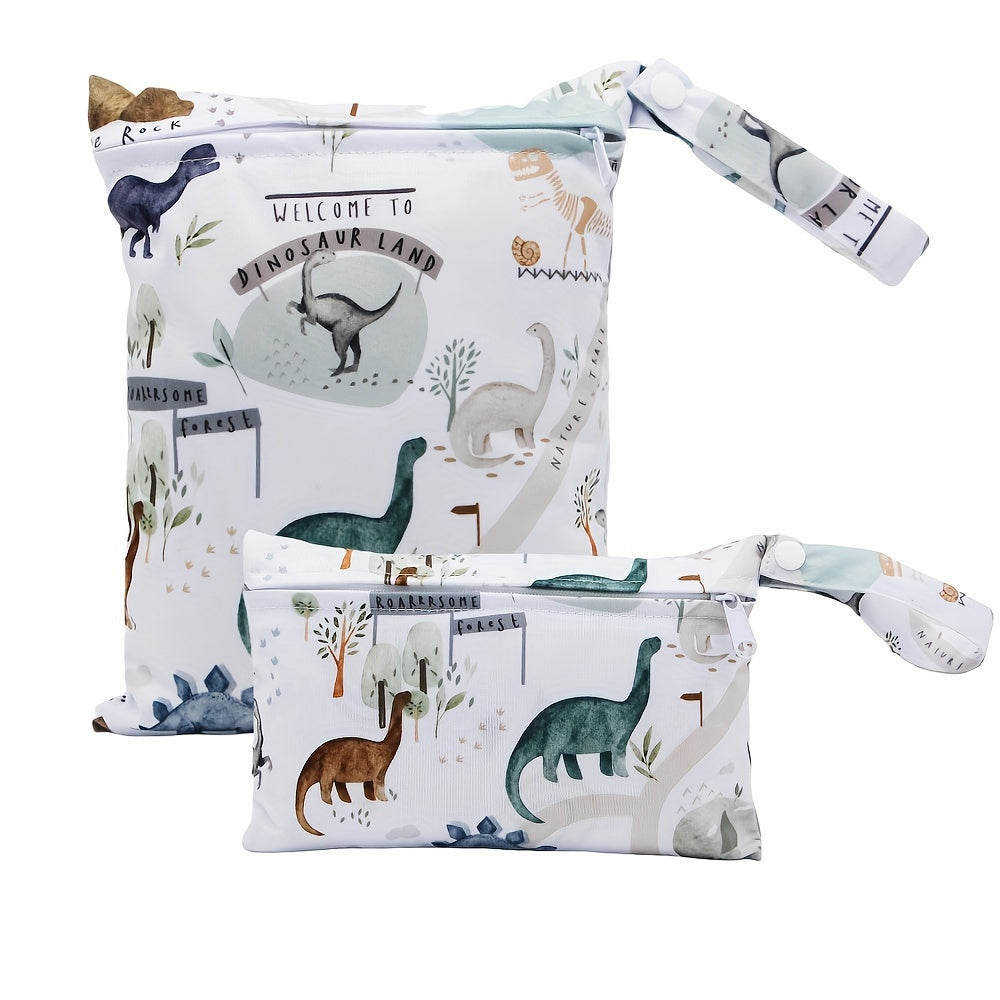 Set of 2 Asenappy Dinosaur Print Wet & Dry Bags, Made with Polyester Fiber for Waterproof and Reusable Diaper and Laundry Storage. Can also be Used as Makeup, Stroller, and Toy Organizer for Ages 14 and Up.