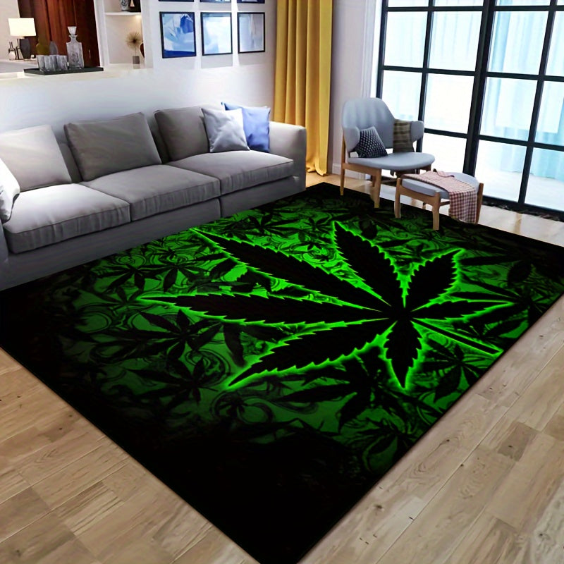 Illuminate your space with Black Background Fluorescent Marijuana Leaves this Halloween with our 1000g/m² Thick Felt Rug. Available in various sizes (15x23/19x31/31x47/39x59/47x63/63x78inches), this machine washable polyester rug is suitable for both