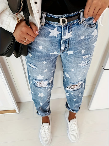 Plus size women's blue high waisted star printed ripped hole rolled edge straight leg pants.