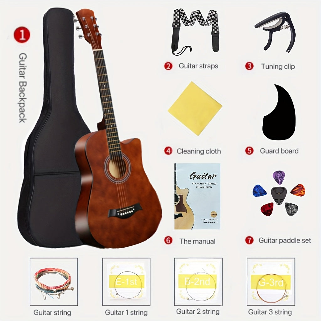 38-Inch Acoustic Guitar Starter Kit for Beginners, Includes Backpack, Strap, Capo, Picks, Picks Case, Strings, Cloth, Stickers, and Instructions.