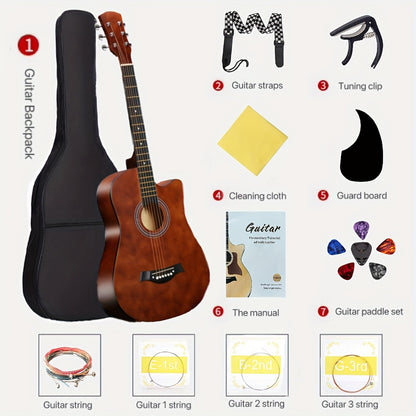 38-Inch Acoustic Guitar Starter Kit for Beginners, Includes Backpack, Strap, Capo, Picks, Picks Case, Strings, Cloth, Stickers, and Instructions.