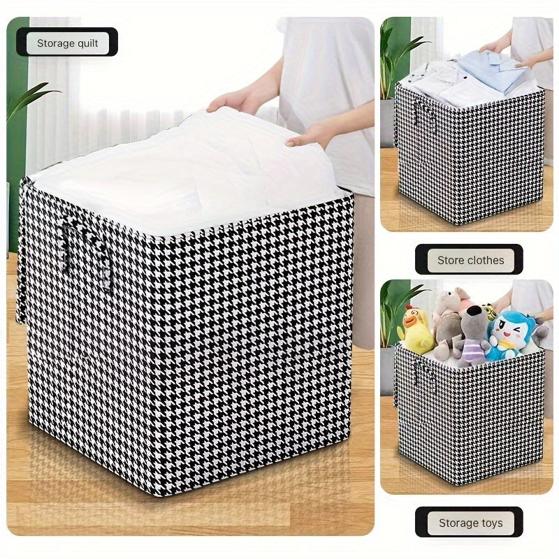 This storage box features classic houndstooth fabric with a thickened design for storing clothes, quilts, and other items. It is dustproof and moisture-proof, and includes a double zipper and handles for easy access. Perfect for use at home, while