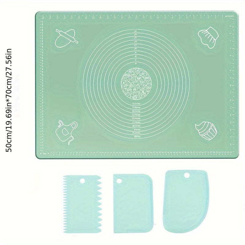 Silicone Pastry Mat Set: Includes one non-stick baking mat, counter mat, and pastry board for rolling dough. Perfect for bread, candy, and cookie making. Comes with free scrapers. Ideal baking tools and kitchen gadgets.