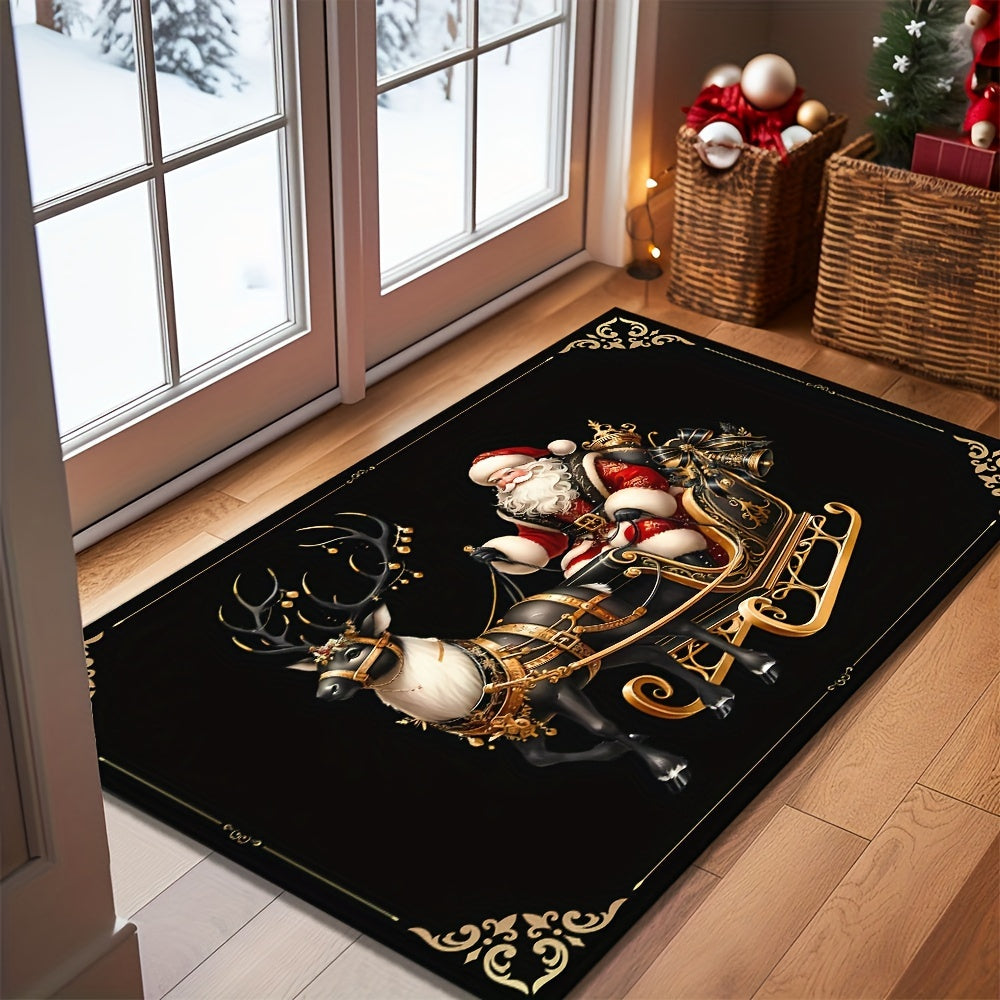 Get in the holiday spirit with our Merry Christmas Welcome Doormat! This 6mm thick mat is non-slip and machine washable, featuring a black and golden elk design that is perfect for adding a festive touch to your home decor. Ideal for Christmas