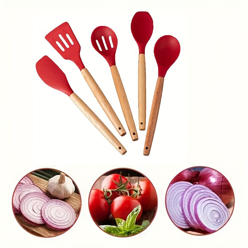 Set of 5 Kitchen Utensils with Non-Stick Coating and Wooden Handles - Ideal for Frying, Grilling, and Cooking at High Temperatures up to 400°F